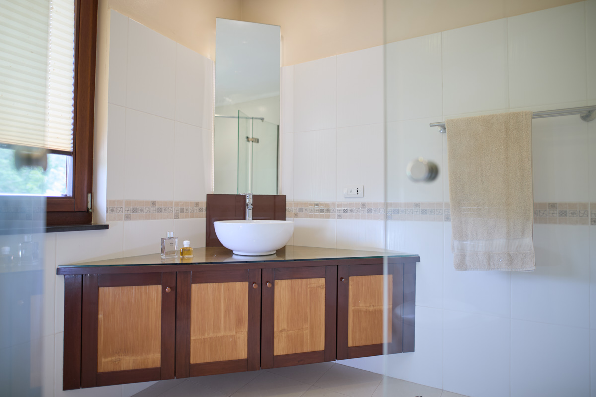 Guest bathroom vanity with bamboo doors