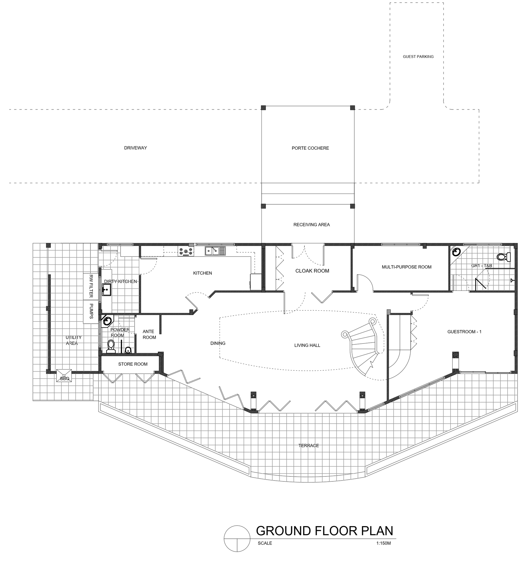Ground floor plan with kitchen, dining, living hall, cloak room, multi-purpose room, guest room 1 and terrace