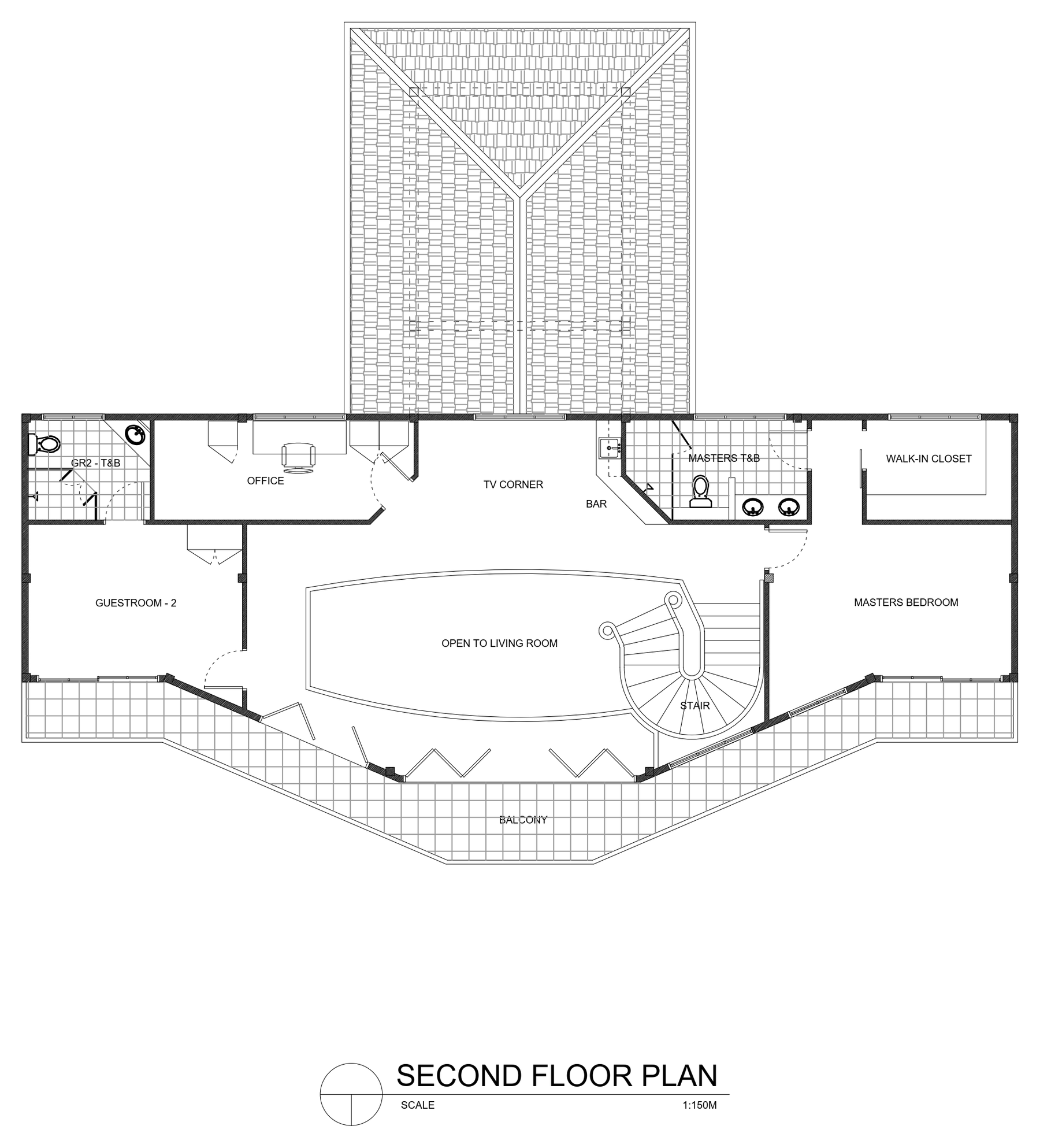 Upper floor plan with master bedroom, walk-in closet, guest room 2, office, TV corner, bar and balcony