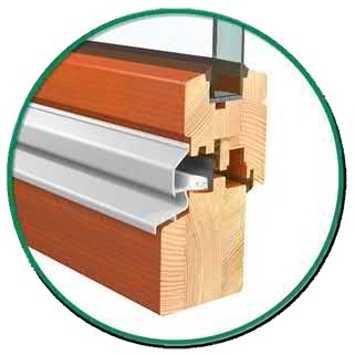 Cross-section of the wood window frame with aluminium rain bar